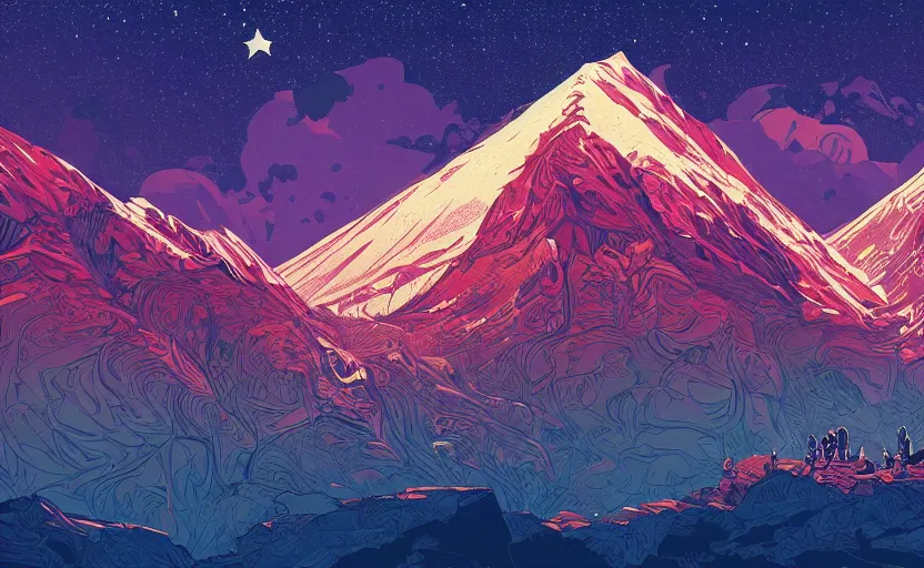 Image similar to mountains, stars and paisley filled sky, artstation, intricate, highly detailed, digital painting, concept art, sharp focus, illustration by charles williams and kilian eng and james jean