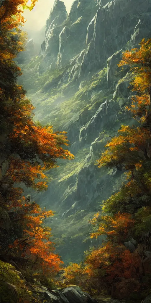 Prompt: a side of a very tall mountains covered in foliage , James, atmospheric, featured on artstation, ultra detailed