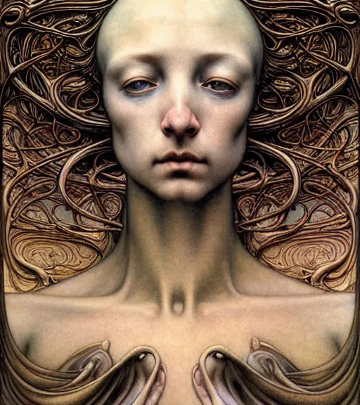 Image similar to detailed realistic beautiful young medieval alien face portrait by jean delville, gustave dore and marco mazzoni, art nouveau, symbolist, visionary, gothic, pre - raphaelite. horizontal symmetry by zdzisław beksinski, iris van herpen, raymond swanland and alphonse mucha. highly detailed, hyper - real, beautiful