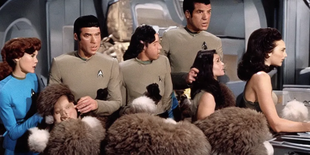 Image similar to Gal Gadot and Tribbles, Tribbles and more Tribbles in a scene from Star Trek the original series