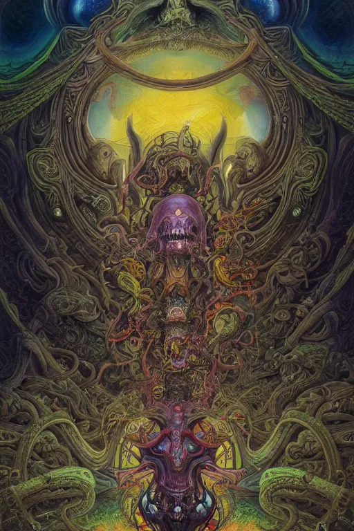 Image similar to gigantic psychedelic demonic cosmic skull, alien tentacles, fantasy painting, mandala, ultra realistic, wide angle, art nouveau, intricate details, ink illustration, rainbowshift, vivid colors, highly detailed by peter mohrbacher, h. r. giger, maxfield parrish, gustave dore, craig mullins, octane render, cgi