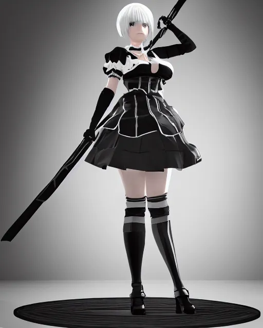 Image similar to 2B from NieR: Automata wearing a maid outfit, mechanical detail, cad, solidworks render