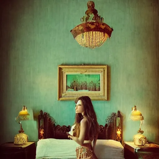 Prompt: a beautiful girl in a liminal hotel room, insanely detailed and intricate, ancient vintage colored photography, eerie, weird, surreal, strong lights, elegant, ornate, glassy reflects