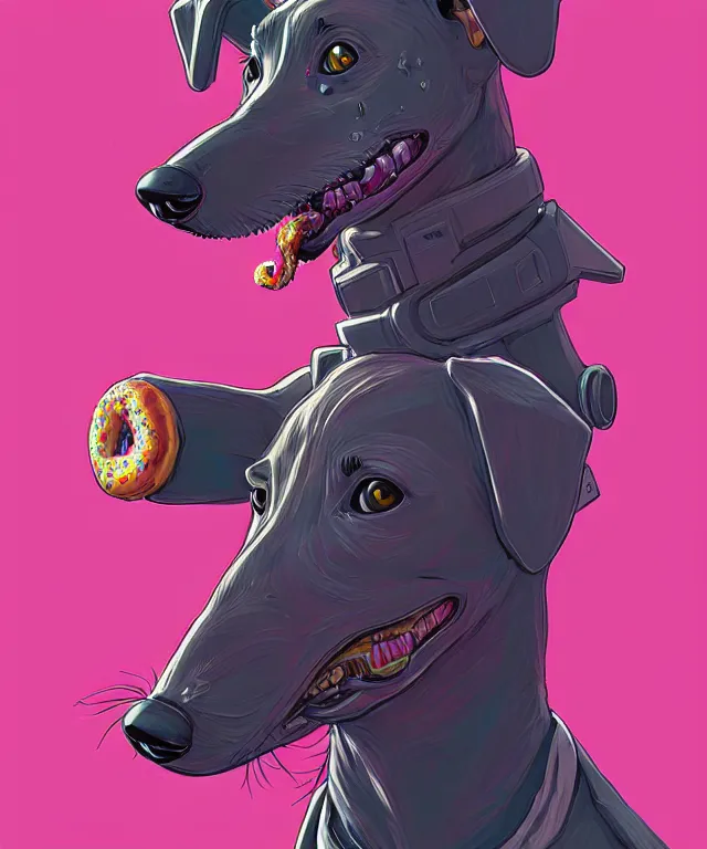 Prompt: a portrait of an anthropomorphic cyberpunk greyhound dog eating a donut, cyberpunk!, fantasy, elegant, digital painting, artstation, concept art, matte, sharp focus, illustration, art by josan gonzalez