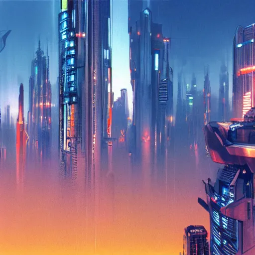 Image similar to futuristic cyberpunk city panorama, daylight, blue sky, cinematic lighting, blue sky, syd mead, john harris