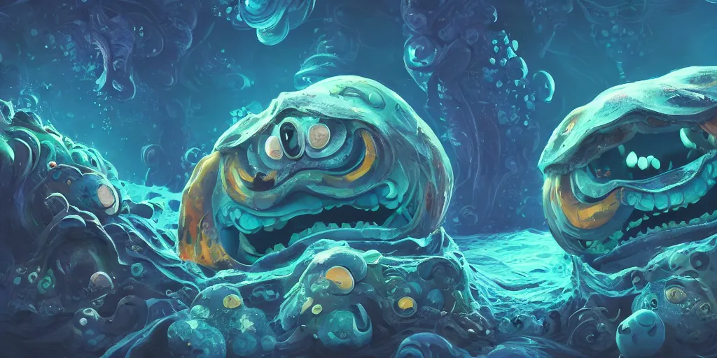 Image similar to of an intricate deep sea with strange cute friendly happy creatures with huge eyes, long tongue, round teeth and goofy funny face, appearing from the background, in the style of gehry and gaudi, macro lens, shallow depth of field, ultra detailed, digital painting, trending artstation, concept art, illustration, cinematic lighting, photorealism, epic, octane render