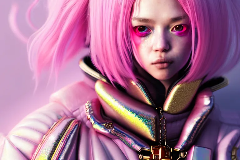 Prompt: hyperdetailed close portrait of a stunningly beautiful pink cyberpunk cute european girl made of metals and shiny iridescent gems, dark rainbow nimbus, gold necklace, puffer jacket, inspired by ross tran and masamune shirow and kuvshinov, intricate, photorealistic, octane render, rtx, hdr, unreal engine, dnd digital art by artgerm