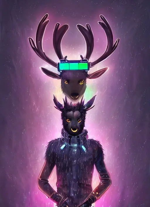 Image similar to award winning beautiful portrait commission of a male furry anthro Black Reindeer cyberpunk fursona with a tail, wings, wings, wings and a cute beautiful attractive detailed furry face wearing a crown, stylish black and rainbow galaxy clothes, outline, in a cyberpunk city at night while it rains. Character design by charlie bowater, ross tran, artgerm, and makoto shinkai, detailed, inked, western comic book art