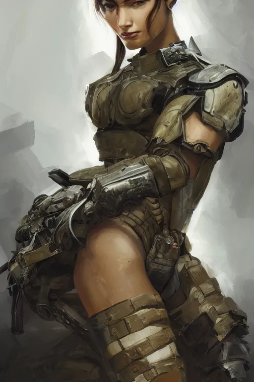 Image similar to a professional portrait of an attractive young woman, clothed in military-style battle armor, olive skin, long dark hair, beautiful bone structure, symmetrical facial features, intricate, elegant, digital painting, trending on Artstation, concept art, smooth, sharp focus, illustration, finely detailed, from Metal Gear by Ruan Jia and Mandy Jurgens and Artgerm and William-Adolphe Bouguerea, award winning