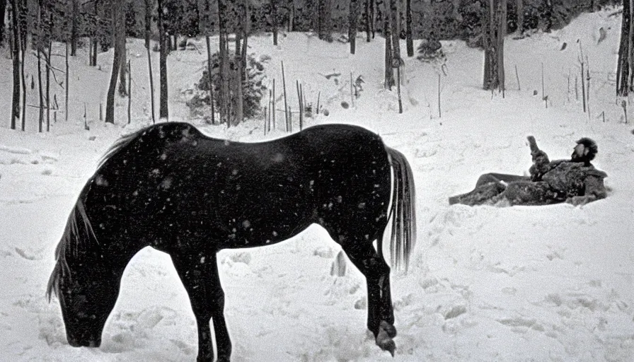 Prompt: 1 9 6 0 s movie still close up of marcus aurelius + horse frozen to death under the snow by the side of a river with gravel, pine forests, cinestill 8 0 0 t 3 5 mm b & w, high quality, heavy grain, high detail, texture, dramatic light, anamorphic, hyperrealistic, detailed hair, foggy