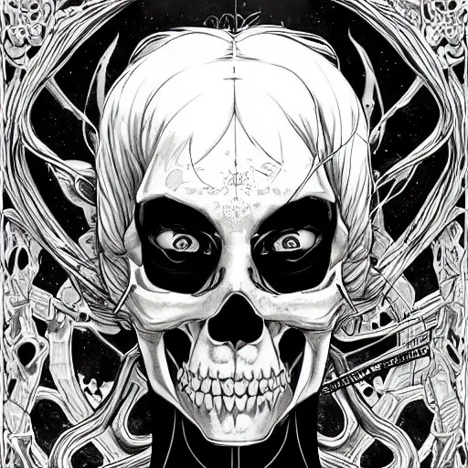 Image similar to anime manga skull portrait young woman skeleton, Simpsons , Disney , intricate, elegant, highly detailed, digital art, art by JC Leyendecker and sachin teng