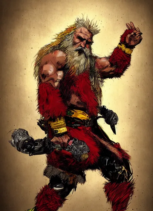 Image similar to Full body portrait of an old muscular man with blonde hair and beard wearing bear skin and red, green and gold jacket. In style of Yoji Shinkawa and Hyung-tae Kim, trending on ArtStation, dark fantasy, great composition, concept art, highly detailed.