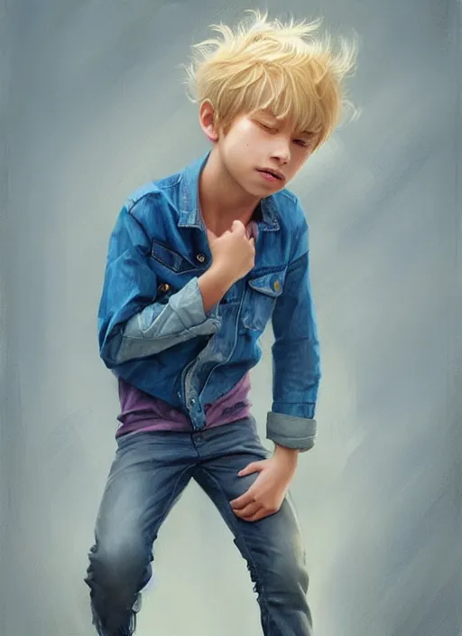 Prompt: boy wearing jeans, blonde hair. digital painting, by valerian city of a thousand planets, by ruan jin #, by mandy jurgens #, by artgerm #, william - adolphe bouguerea #