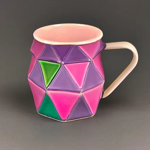 Image similar to avant - garde geodesic triangle ceramic mug with pink and purple pearlescent glaze