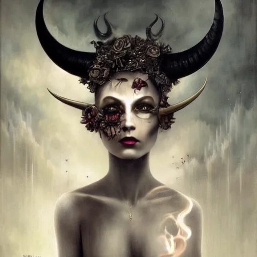 Image similar to By Tom Bagshaw, ultra realist soft painting portrait of curiosities carnival by night, very beautiful horned single zynoid fully dressed fading, symmetry accurate features, very intricate details, ominous sky, black and white, volumetric light clouds