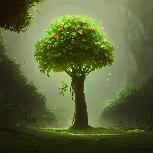 Prompt: ilustration a tree with green roses growing in the center, characterized by roman shipunov, etienne hebinger, atey ghailan, cgsociety, fantasy art, 2 d game art