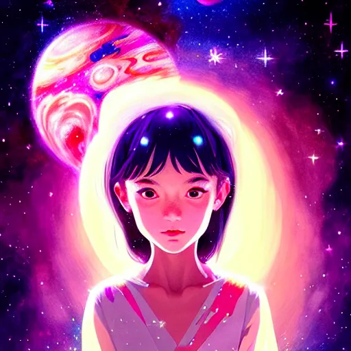 Prompt: The beginning of time, portrait of a beautiful young girl, in hyper detail, dressed in stars and planets, extreme hyper detail, dramatic, fantasy lighting, matte print, digital art, cute smile, beautiful eyes, digital painting, fan art, pixiv, elegant, Ilya Kuvshinov style, Studio Ghibli