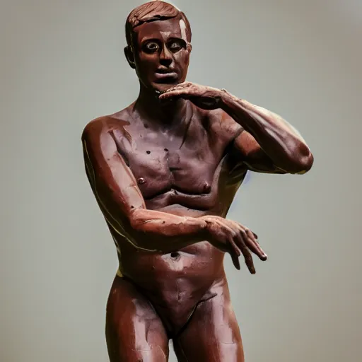 Prompt: man statue made of chocolate, professional photography,