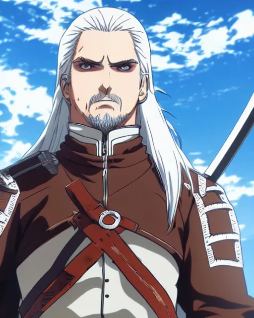 Prompt: anime key visual, full - body portrait of geralt of rivia in attack on titan