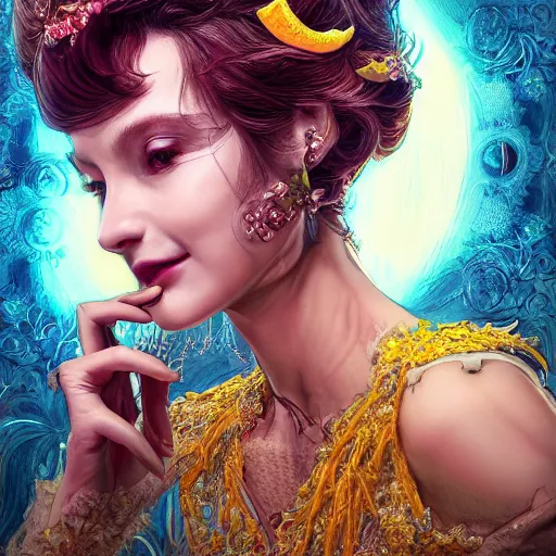 Image similar to the portrait of an absurdly beautiful, graceful, elegant, sophisticated, young idol made up of lemons, an ultrafine hyperdetailed illustration by kim jung gi, irakli nadar, intricate linework, bright colors, octopath traveler, final fantasy, unreal engine 5 highly rendered, global illumination, radiant light, detailed and intricate environment