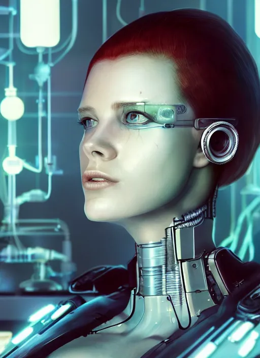 Image similar to cyberpunk,sci-fi, fantasy,Kodak Portra 400, 8K, soft light, volumetric lighting, highly detailed, britt marling style 3/4 ,portrait photo of a beautiful cyborg robot woman in a chemical laboratory + face, intricate, elegant, highly detailed, digital painting, artstation, concept art, smooth, sharp focus, illustration,art by artgerm and greg rutkowski and alphonse mucha