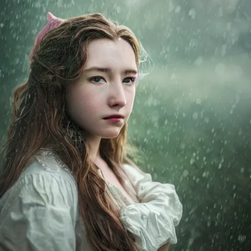 Image similar to beautiful aerith gainsborough in real life, face centered portrait, cottagecore, confident, fog, rain, volumetric lighting, beautiful, golden hour, sharp focus, ultra detailed, cgsociety by leesha hannigan, ross tran, thierry doizon, kai carpenter, ignacio fernandez rios