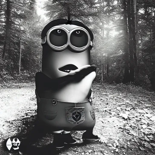 Prompt: trail _ camera _ photo _ of _ a _ minion _ in _ the _ woods _ realistic _ spooky _ grimdark _ night _ black _ and _ white