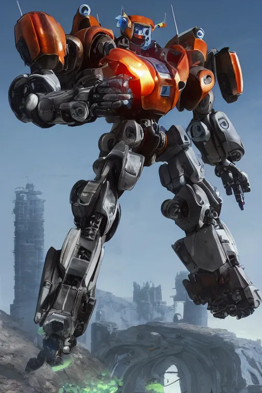 Image similar to mechwarrior 5 : mercenaries mech megaman transformer robot boss tank engine game octane render, 4 k, hd 2 0 2 2 3 d cgi rtx hdr style chrome reflexion glow fanart, global illumination ray tracing hdr fanart arstation by ian pesty by jesper ejsing pixar and disney unreal zbrush central hardmesh