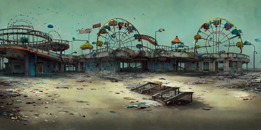 Prompt: concept art of a polluted beachfront with a broken pier and abandoned amusement park attractions, grimy, gritty, trending on artstation, award winning painting, cgi, art by filip hodas and zhang kechun