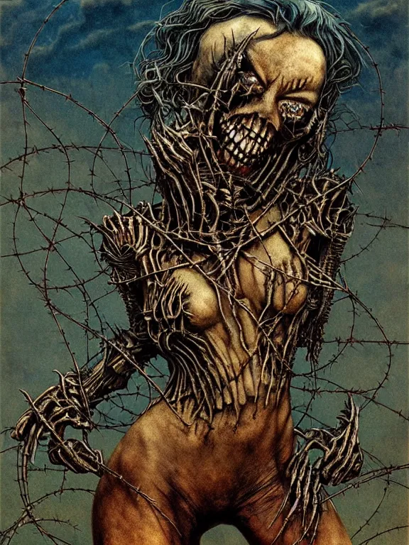 Image similar to A creepy armored horned fanged demon woman with blue scarred skin wrapped in barbed wire. Extremely high detail, realistic, fantasy art, solo, bones, masterpiece, saturated colors, art by Zdzisław Beksiński, Arthur Rackham, Dariusz Zawadzki