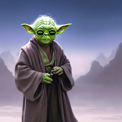 Image similar to Yoda wearing sunglases, matte painting by Greg Rutkowski