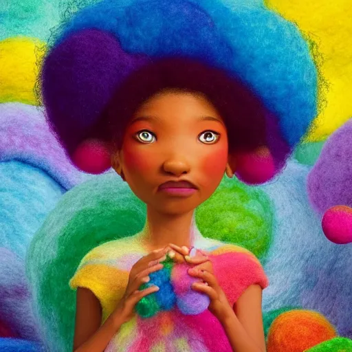 Image similar to a black girl with a colorful afro and rainbow eyes, in a candy forest! at night, bokeh, bright colours, watercolor, volumetric wool felting, macro photography, children illustration, by goro fujita