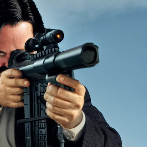 Prompt: fat Keanu Reeves using a sniper rifle, film still, detailed, 4k