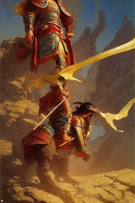 Image similar to tales from earthsea, attractive beefy male with armor, ancient china, three kingdoms, character design, dynamic lighting, cool and bright tint, painting by gaston bussiere, craig mullins, j. c. leyendecker, tom of finland