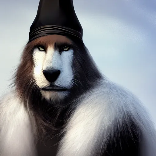 Image similar to portrait of a white panter with a very long fur and wizard hat, fantasy, trending on artstation, heroic pose, illustration, highly detailed, simple, 8k