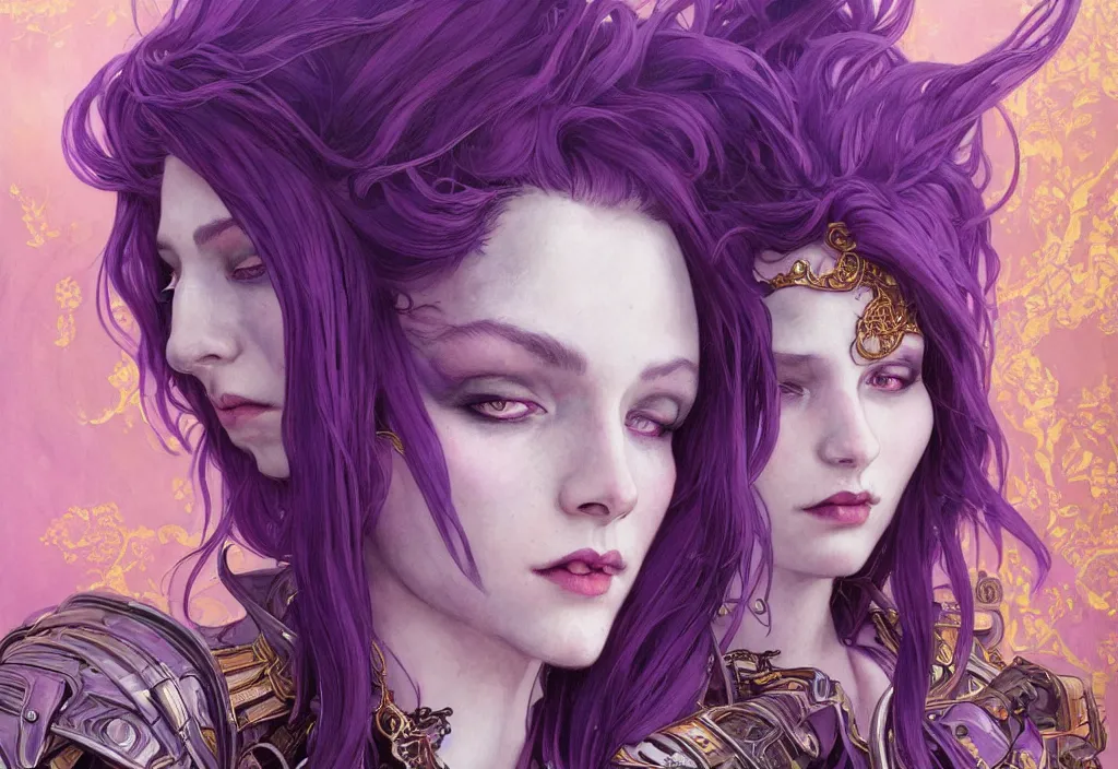 Prompt: close up portrait vampire with purple hair in sci - fi bionic armor, highly detailed, very intricate, art nouveau, gold filigree, romantic storybook fantasy, soft cinematic lighting, award - winning, disney concept art watercolor illustration by mandy jurgens and alphonse mucha and alena aenami, pastel color palette, featured on artstation