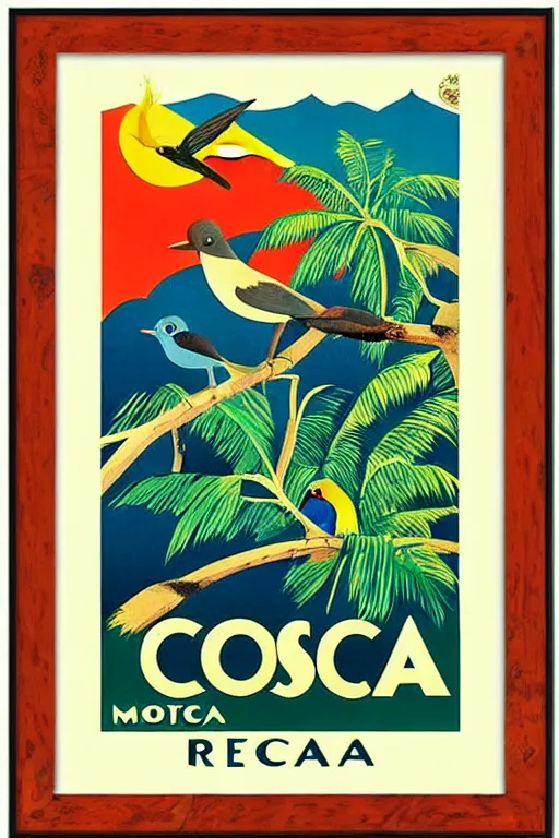 Image similar to art deco travel poster. costa rica monteverde with birds, framed poster