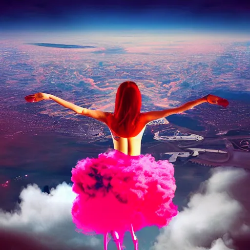 Prompt: a goddess wearing a flamingo skirt, on fire, photoshop, colossal, creative, giant, digital art, city, photo manipulation, clouds, sky view from the airplane window