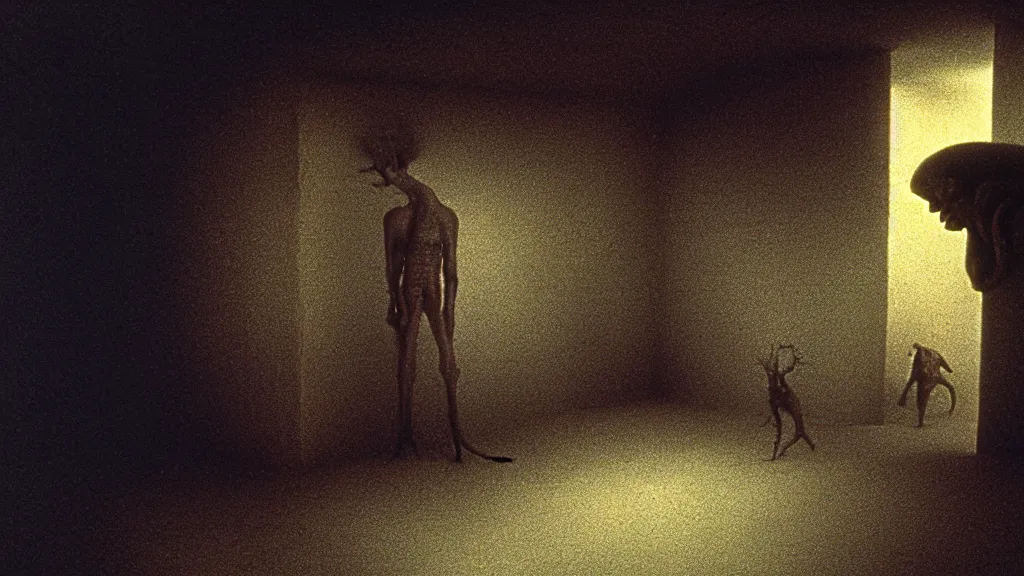 Prompt: the strange creature in the crawlspace, film still from the movie directed by denis villeneuve and david cronenberg with art direction by salvador dali and zdzisław beksinski, long lens