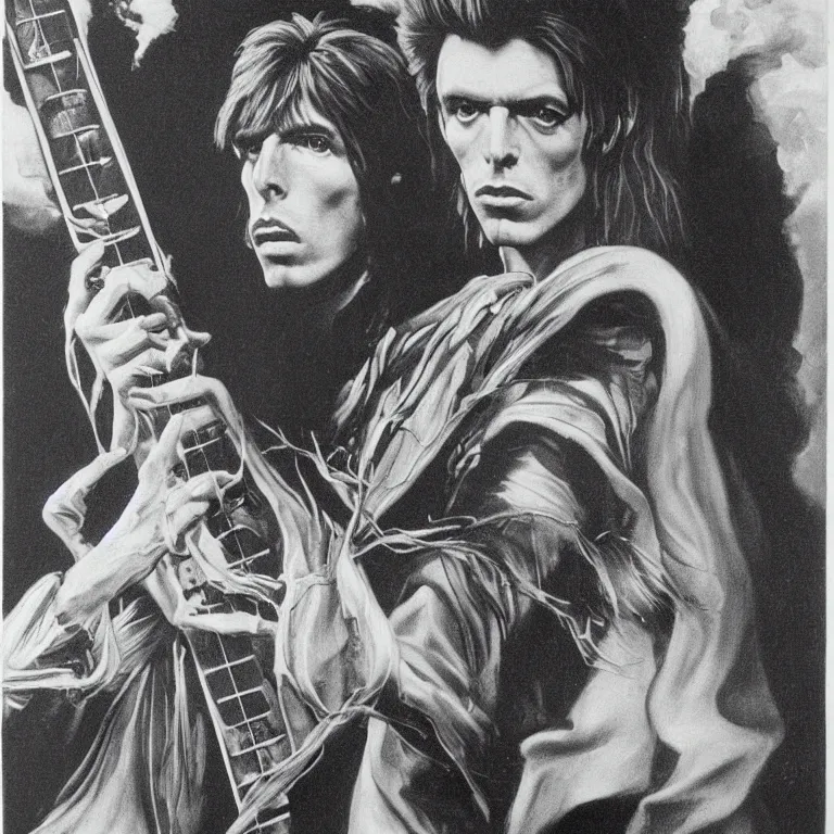 Image similar to Pre-Raphaelite portrait of 1970s David Bowie, ziggy stardust playing flying V guitar, single lightning strike in background. Flash Gorden