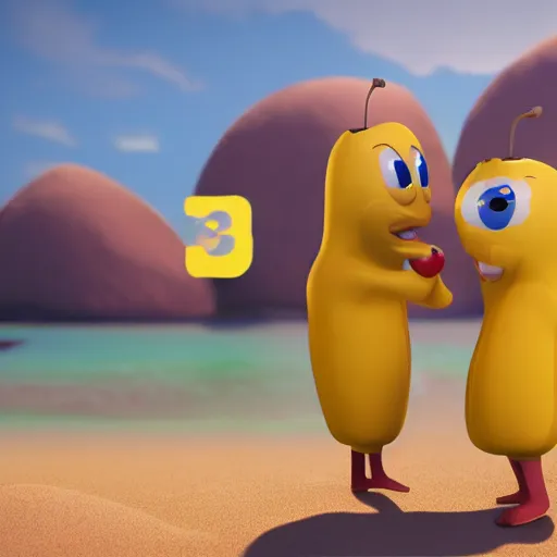 Prompt: Mister Apple meets Mister Banana at the beach, 3D, hyperrealistic, cinematic lighting, volumetric lighting, 8k, artstation, anthropomorphized fruit
