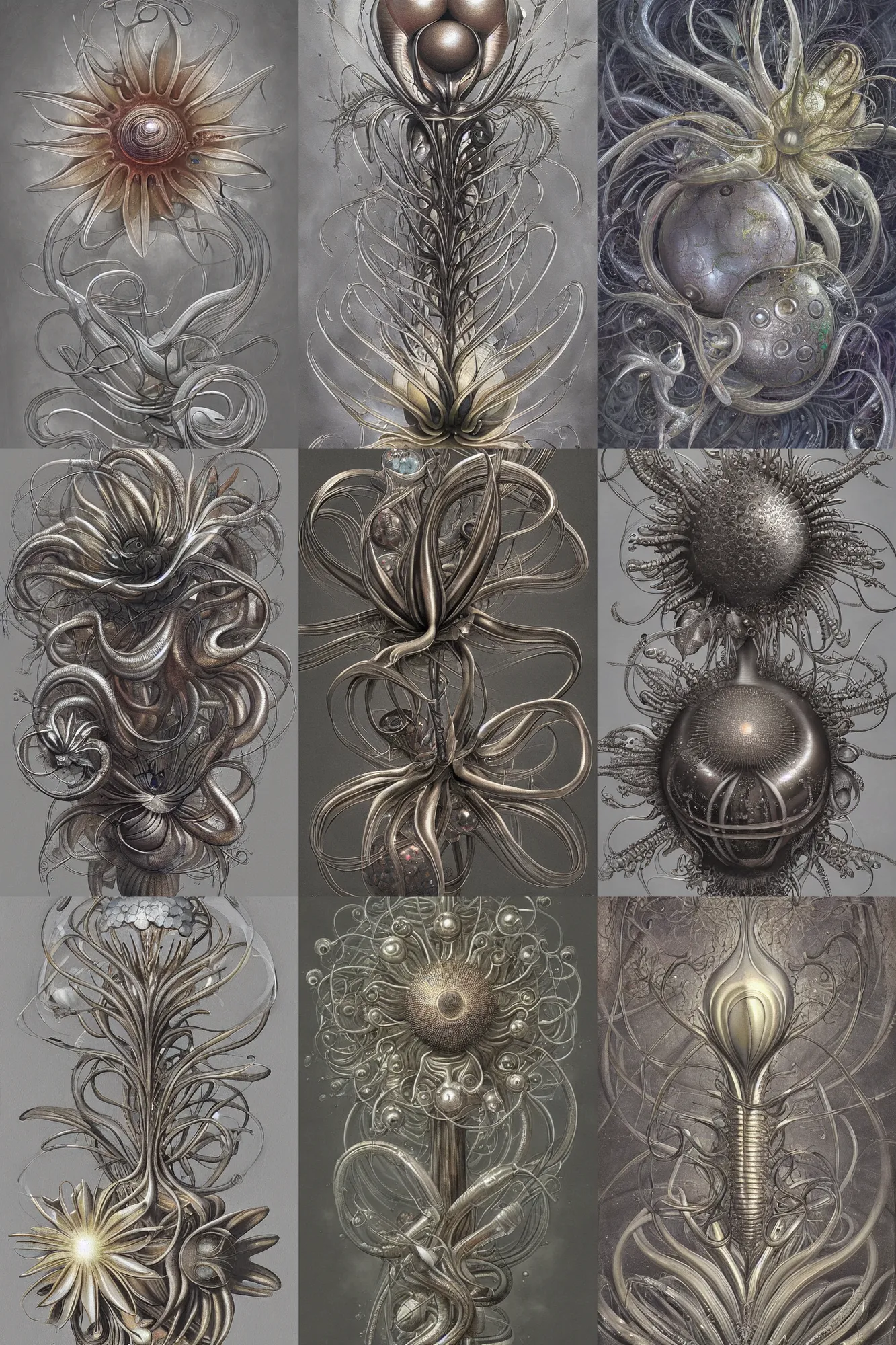 Prompt: a painting of a metallic flower on a gray background, an airbrush painting by Earnst Haeckel and H R Giger, trending on zbrush central, cloisonnism, high detail, detailed painting, biomorphic, bubbles, exotic, alien hybrids.