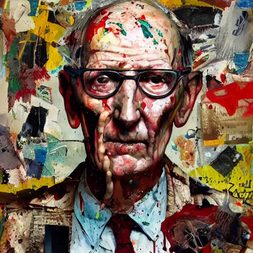 Image similar to hyperrealistic, photorealistic, mixed media oil painting of william s burroughs, magazine scraps, plaster, blood, oil, mustard, splatter, greg rutkowski, basquiat, ralph steadman, wesley kimler