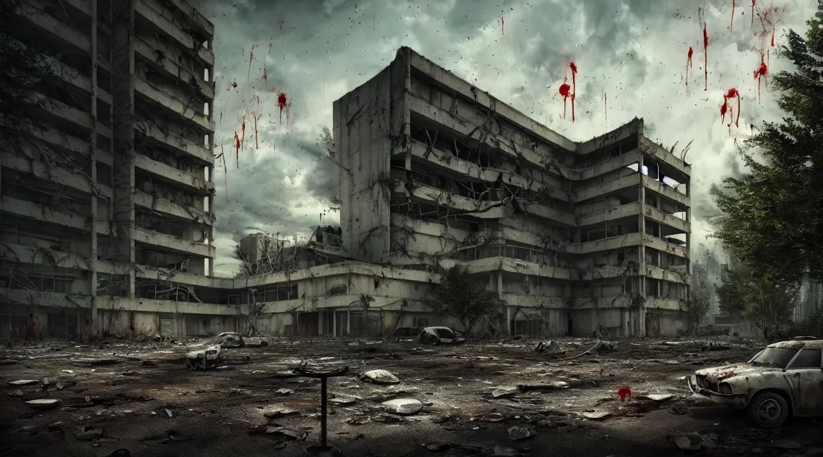 Image similar to post apocalyptic hospital building, survivors fighting, morning, building, avenue, modern contemporary urban americana concrete architecture, by pascal blanche, neil blevins, apocalyptic color palette, trending on artstation, photorealistic, wilderness ambiance, ultra detailed, high definition, depth of field, bokeh, rubble, wild vegetation, blood stains, building crumbling