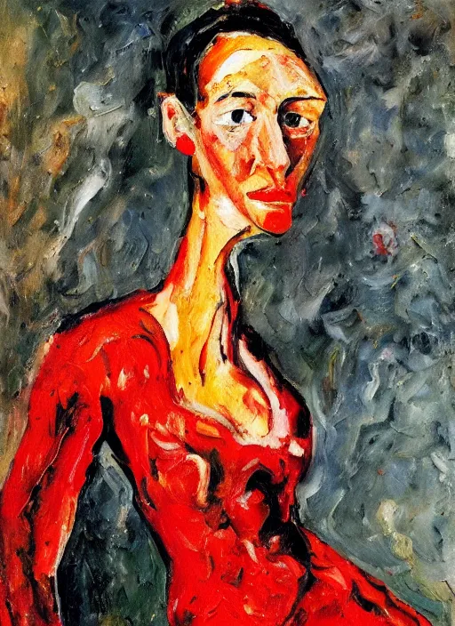 Prompt: an oil painting of a woman in a red dress posing with meat in expressive style of Chaim Soutine, palette of red alizarin and dark gray green, thick impasto painting technique