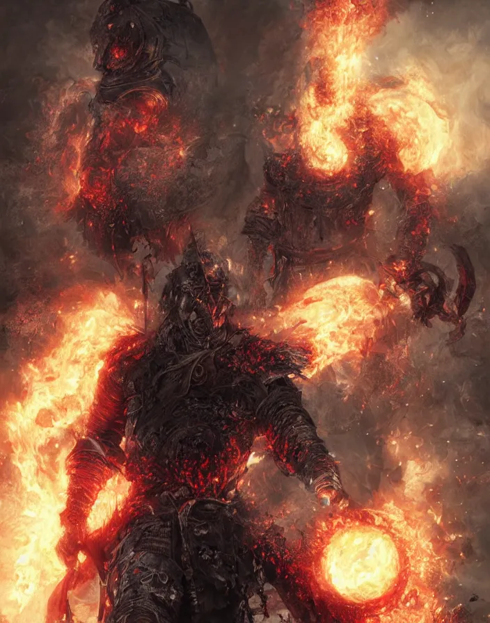 Prompt: folk horror illustration of the soul of cinder (a warrior in heavy iron armor that burns with eternal flame), dark souls 3 artwork, art by greg rutkowski, art by craig mullins, art by Masanori Warugai, art by Yoshitaka Amano