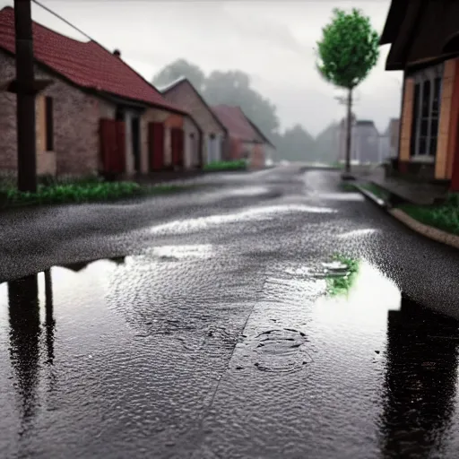 Image similar to still photo of rain puddles and reflections in a village, cloudy weather, highly detailed, photorealistic shot, bright studio setting, studio lighting, crisp quality and light reflections, unreal engine 5 quality render