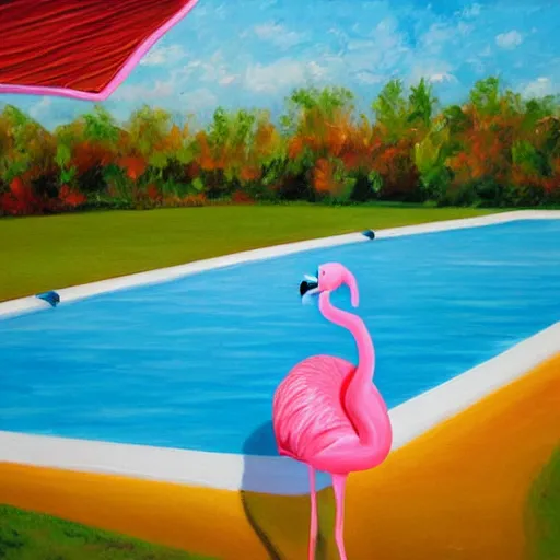 Image similar to flamingo pool float in a vast rippling swimming pool, oil painting