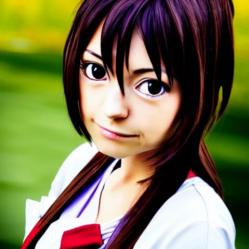 Image similar to professional portrait photograph, realistic photo of haruhi suzumiya from anime the melancholy of haruhi suzumiya.