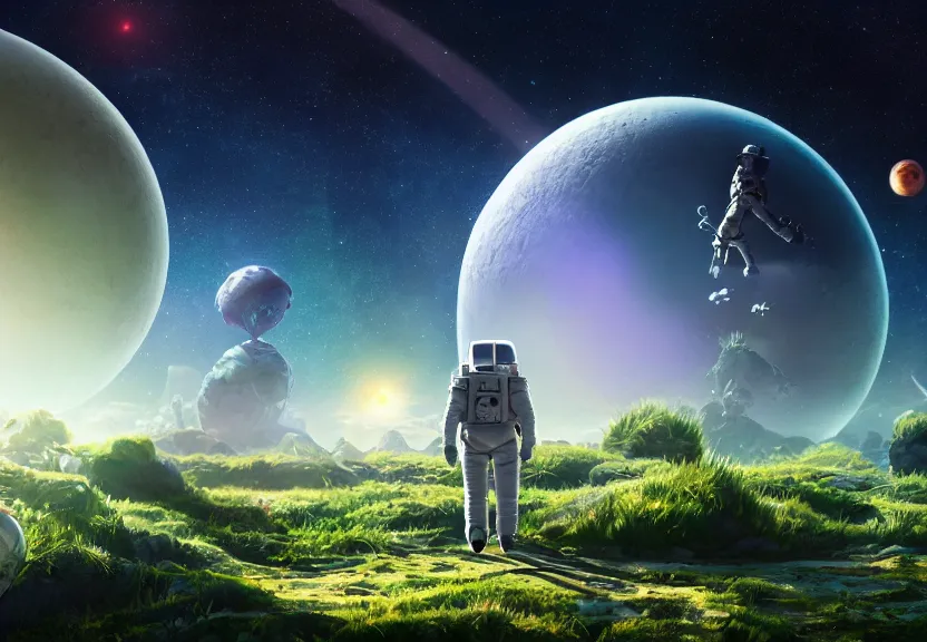 Prompt: a astronaut walking on a alien planet with alien plants and animals and a giant galaxy appearing in the sky, digital art, anime style, 8K HDR, octane render, unreal engine 5, path tracing, breathtaking landscape, cinematic lighting, trending on Artstation, high quality, highly detailed, trending on DeviantArt, concept art